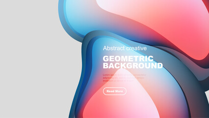 Fototapeta premium Abstract fluid shapes blend, creating vibrant geometric background. Text overlay invites further exploration. Modern design elements present.