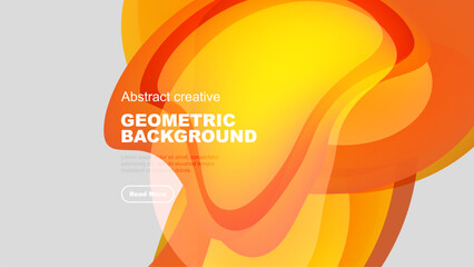 Dynamic abstract composition. Orange, yellow layers create flowing geometric shapes over dark background. Text present, button visible.