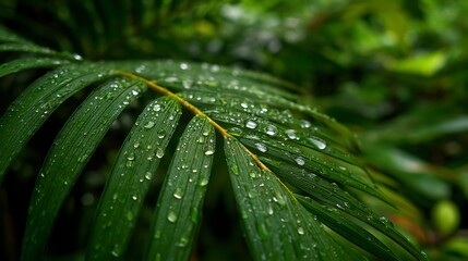 Awesome photo of closeup of a vibrant green palm leaf covered in glistening water droplets.