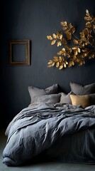 Awesome photo of elegant bedroom interior with dark blue walls and gold accents for decoration.