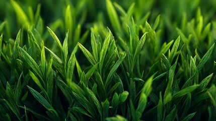 Awesome photo of lush green grass with water droplets glistening in the soft morning light.