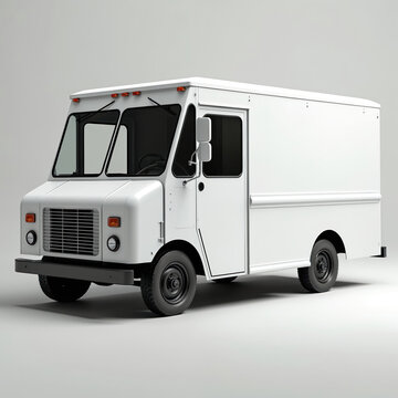 White delivery truck, food truck blank template design. Commercial vehicle, mobile kitchen for catering business. Customizable vehicle for advertising and branding graphics.