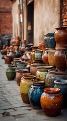 Awesome photo of stacks of handmade clay pots for sale at an outdoor market in sunlight.