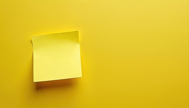 Bright yellow memo note rests on matching vibrant yellow background. Adhesive paper features ample copy space, perfect for reminders, messages, notes. Clean, simple design with slightly torn edge
