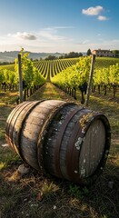 Obraz premium A weathered wooden wine barrel rests in a sun-drenched vineyard, showcasing rolling hills and a picturesque landscape.