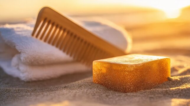 Golden soap set on sand with sunset glow, great for resort advertising and tranquil compositions