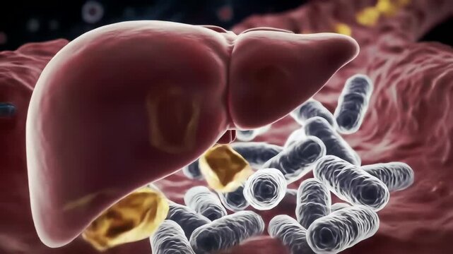 the bloodstream reveals antibiotic residues traveling to the liver, shown as glowing fragments absorbed and metabolized by hepatocytes