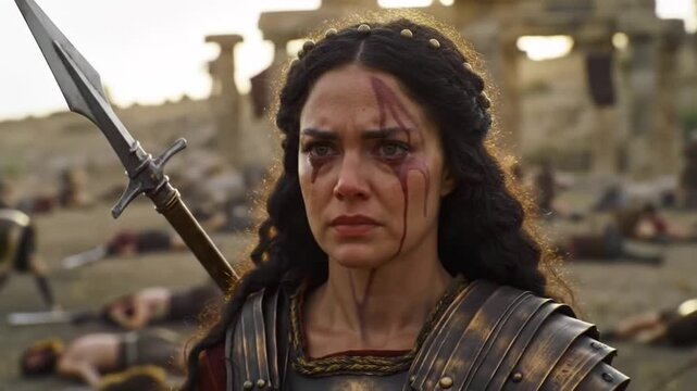 determined female warrior amidst ancient battlefield aftermath