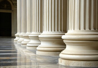 Row white columns tiled floor are tall slender Many old greek