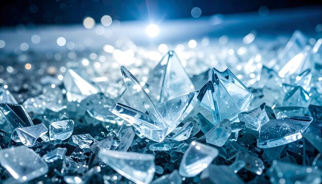 Shattered glass shards reflecting bright blue light.
