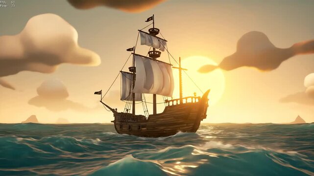 animated pirate ship sailing ocean at sunset