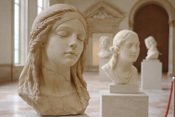 White marble bust woman head art gallery is Moscow, Russia. September 29