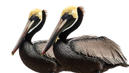 Two brown pelicans facing slightly towards the viewer