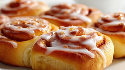 Freshly Baked Cinnamon Rolls with Creamy Icing on a White Plate in a Warm Kitchen Setting Perfect for Breakfast or Dessert