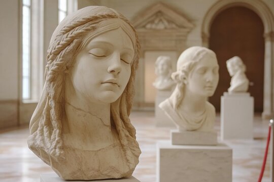 White marble bust woman head art gallery is Moscow, Russia. September 29