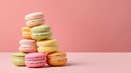 Colorful assortment of macarons stacked on a pastel pink background, showcasing vibrant dessert pastries in a delightful arrangement