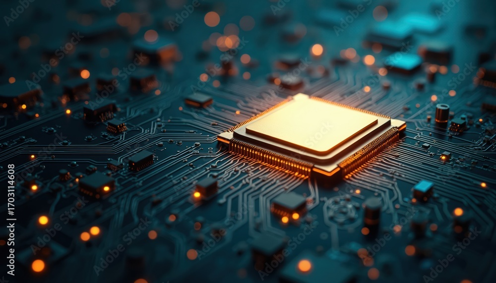 Aufkleber golden cpu processor on futuristic circuit board with glowing orange lights. microchip represents ai