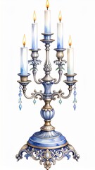 Ornate Blue Candelabra with Five Burning Candles in a Vintage Illustration Art