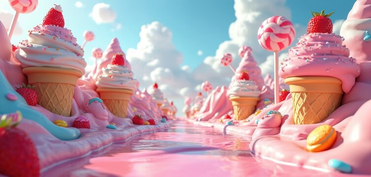 3D render of a whimsical candy land featuring strawberry ice cream cones and pink swirls. A river of pink liquid flows through the dreamscape, bordered by candy canes and colorful sweets.