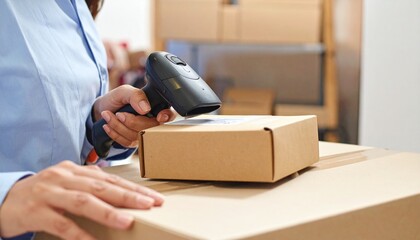 Efficient order fulfillment, Woman scanning barcode on package for shipping