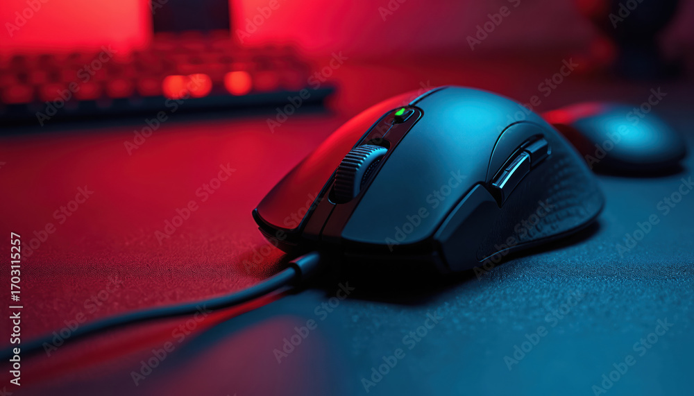 Fototapete Ergonomic gaming mouse featuring precise control, sleek design. Illuminated surface enhances workspace ambience. Wired accessory with customizable buttons, scroll wheel, built for high performance.