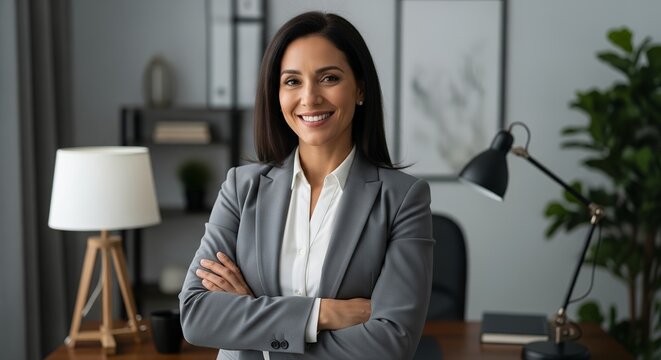 Confident businesswoman portrait, arms crossed, professional attire, office setting, corporate headshot, successful entrepreneur, business executive, leadership, management, career, ambition, ach