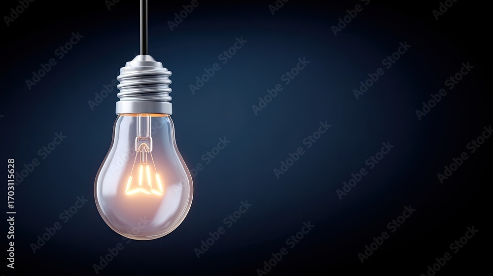 Poster modern light bulb hanging against dark background with soft glow illuminating the space around it