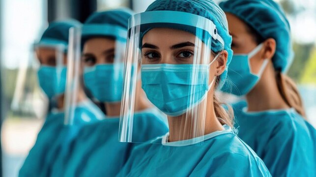 Group medical professionals wearing blue surgical gowns face Surgeons Team Protective