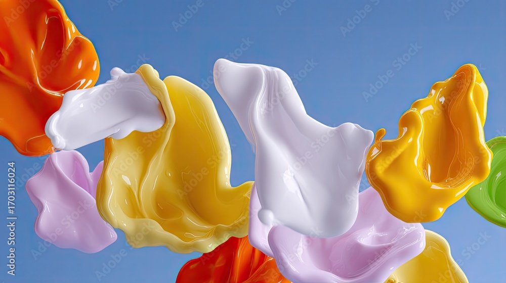 Poster colorful swirls of abstract paint splashing against a blue background in dynamic motion