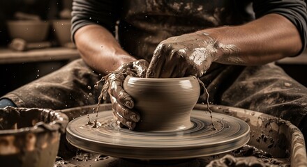 Hands shape clay on a potter's wheel, crafting artisanal ceramics. Ideal for showcasing craftsmanship, hobbies, art therapy, traditional techniques and creative processes.