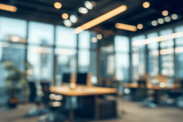 Blurry modern office space with desks. Suitable for business presentations, website headers, and design projects requiring a contemporary office setting.
