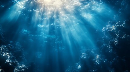 Fototapeta premium Deep ocean underwater background with sun rays piercing through water surface, volumetric light effect, blue caustics waves, hyperrealistic 3d render.