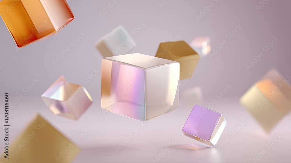 Poster colorful translucent geometric cubes floating in a surreal modern environment with soft lighting and