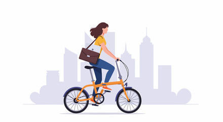 Fototapeta premium Woman riding a folding bicycle in a city with a briefcase over her shoulder, illustrating urban commuting and sustainable transport.