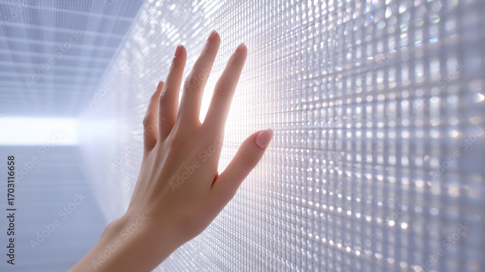 Poster ethereal touch of light on modern led wall in minimalistic space, symbolizing connection and innovat