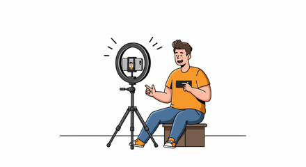 A man vlogging or live streaming with a smartphone on a tripod with a ring light, creating online content.