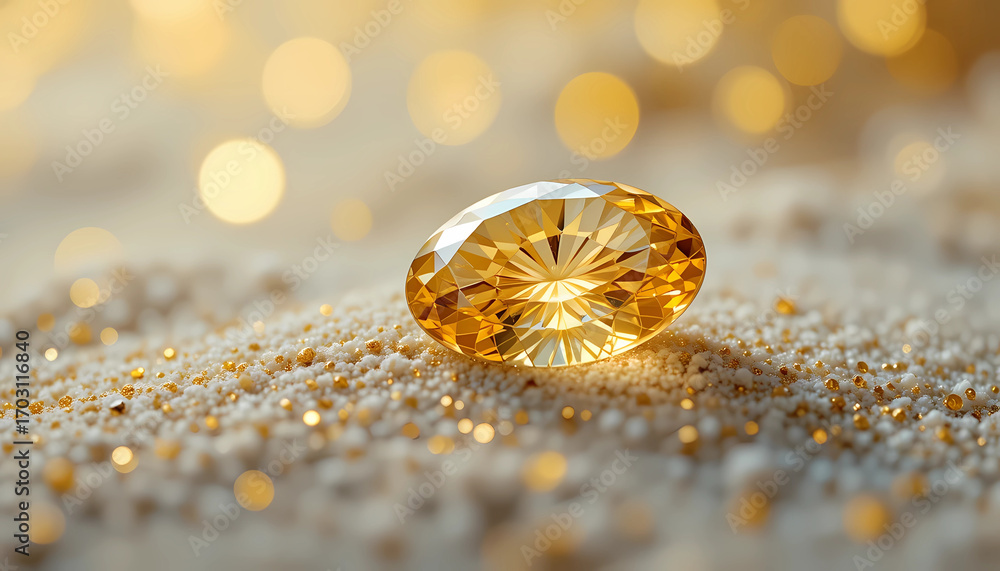Poster close up of a sparkling yellow gemstone on sand with bokeh lights in the background creating a warm 