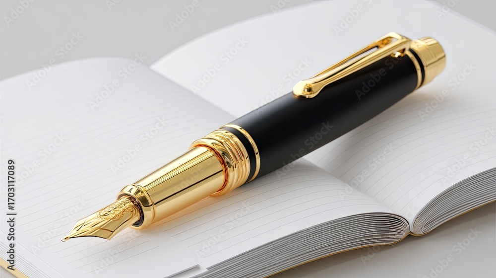 Poster elegant fountain pen laying on an open notebook representing creativity and professionalism in writi