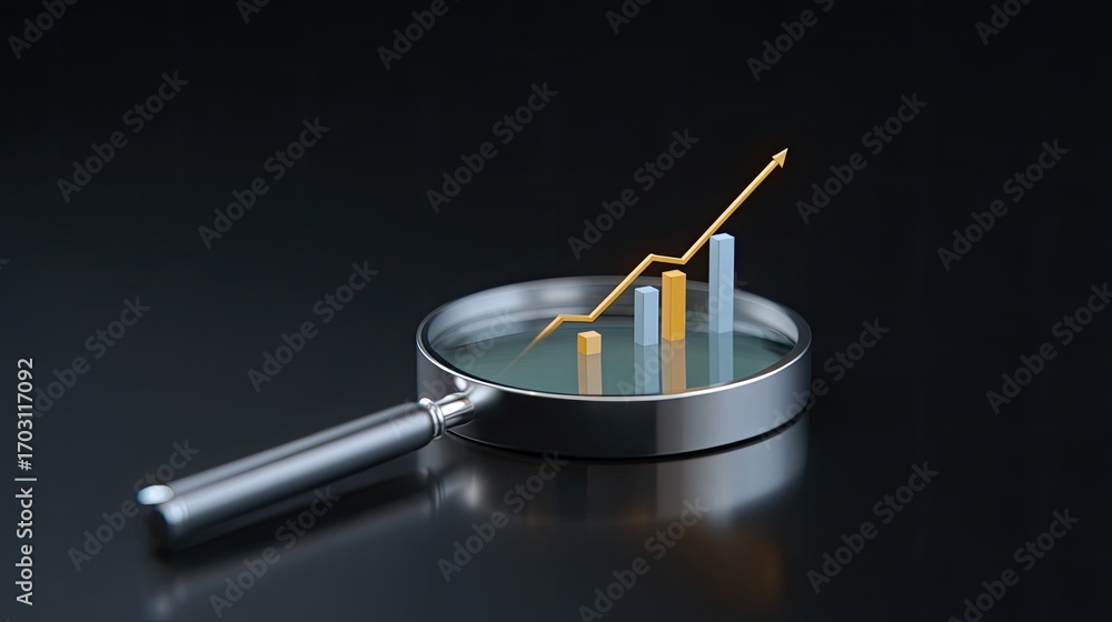 Poster magnifying glass with rising bar graph reflecting business growth and data analysis in a dark backgr