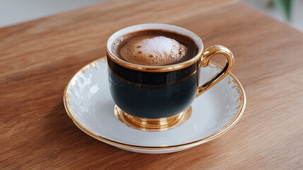 Elegant coffee cup with golden rim on wooden table showcasing rich espresso and frothy crema