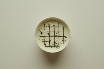 Overhead shot of a creamy, pale-yellow beverage in a white cup, adorned with a grid pattern of dark, thin lines and speckled particles