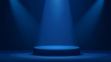 Blue stage platform and spotlight in a dark space for dramatic performances, concerts, events, shows, theater, dance, music, entertainment.