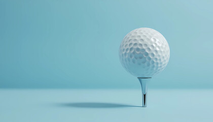 Golf ball on tee isolated on blue background, creating a clean and sporty image for design purposes