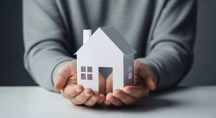 Hands Holding a Paper House Model, Home Ownership, Real Estate Concept