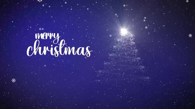 A festive Christmas background with a sparkling Christmas tree and the words merry Christmas in elegant white script against a deep blue backdrop with falling snowflakes creating a magical atmosphere.