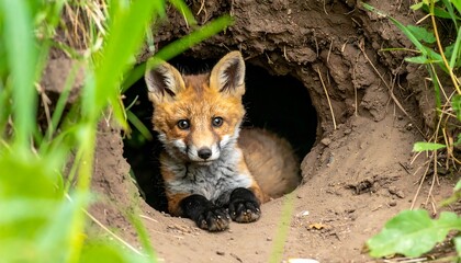 Naklejka premium A red fox kit peeking from a burrow