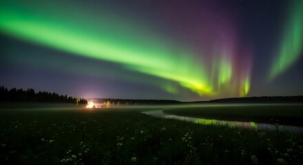 Majestic aurora borealis illuminates a tranquil meadow at night, showcasing vibrant greens and purples against a starlit sky.