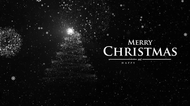 serene and elegant video animation featuring a Christmas tree formed from shimmering particles, set against a dark background with falling snowflakes, the words merry Christmas displayed gracefully.