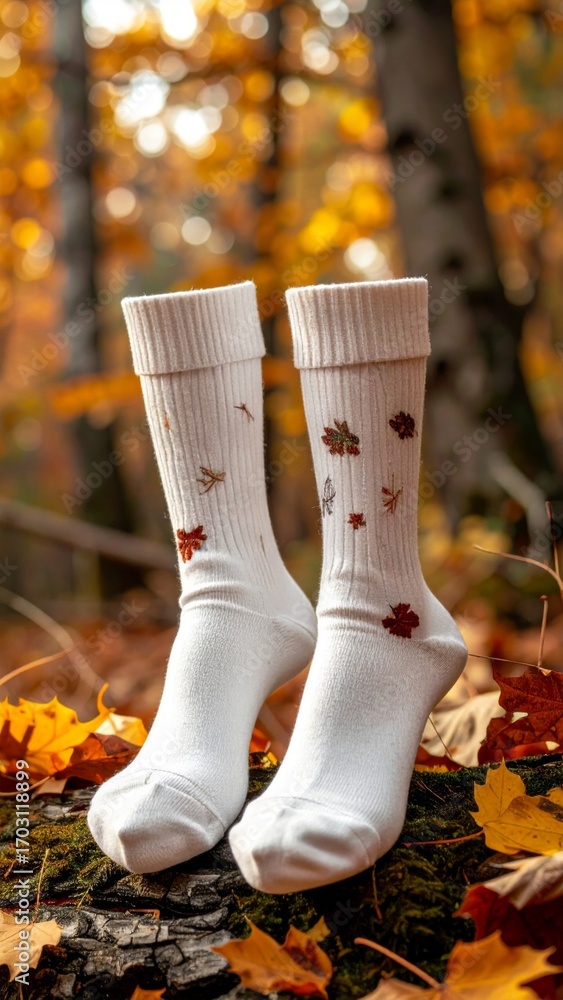 Poster white wool socks with autumn leaves pattern on log in an autumn forest