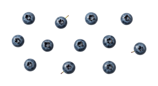 Fresh blueberries arranged flat lay style as a healthy snack isolated PNG with Transparent Background